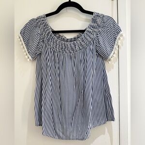 love, Fire Navy Striped Blouse with Pom Pom Trim